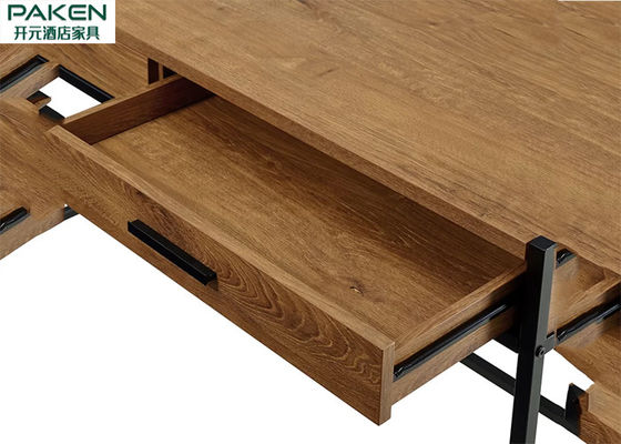 Villa Classic Rustic Styles Oak Veneer Rectangular Writing Table With Drawer Powder Coated Iron Base